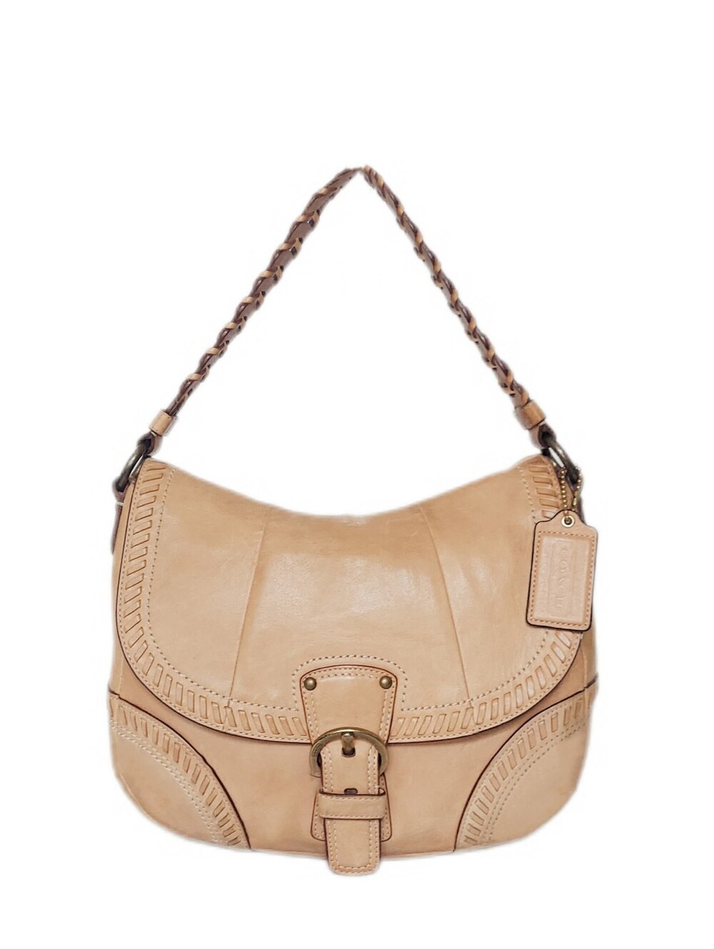 COACH VINTAGE POPPY LEATHER WHIPSTITCH BIG BUCKLE SOHO HOBO w BRAIDED STRAP - Picture 2 of 7